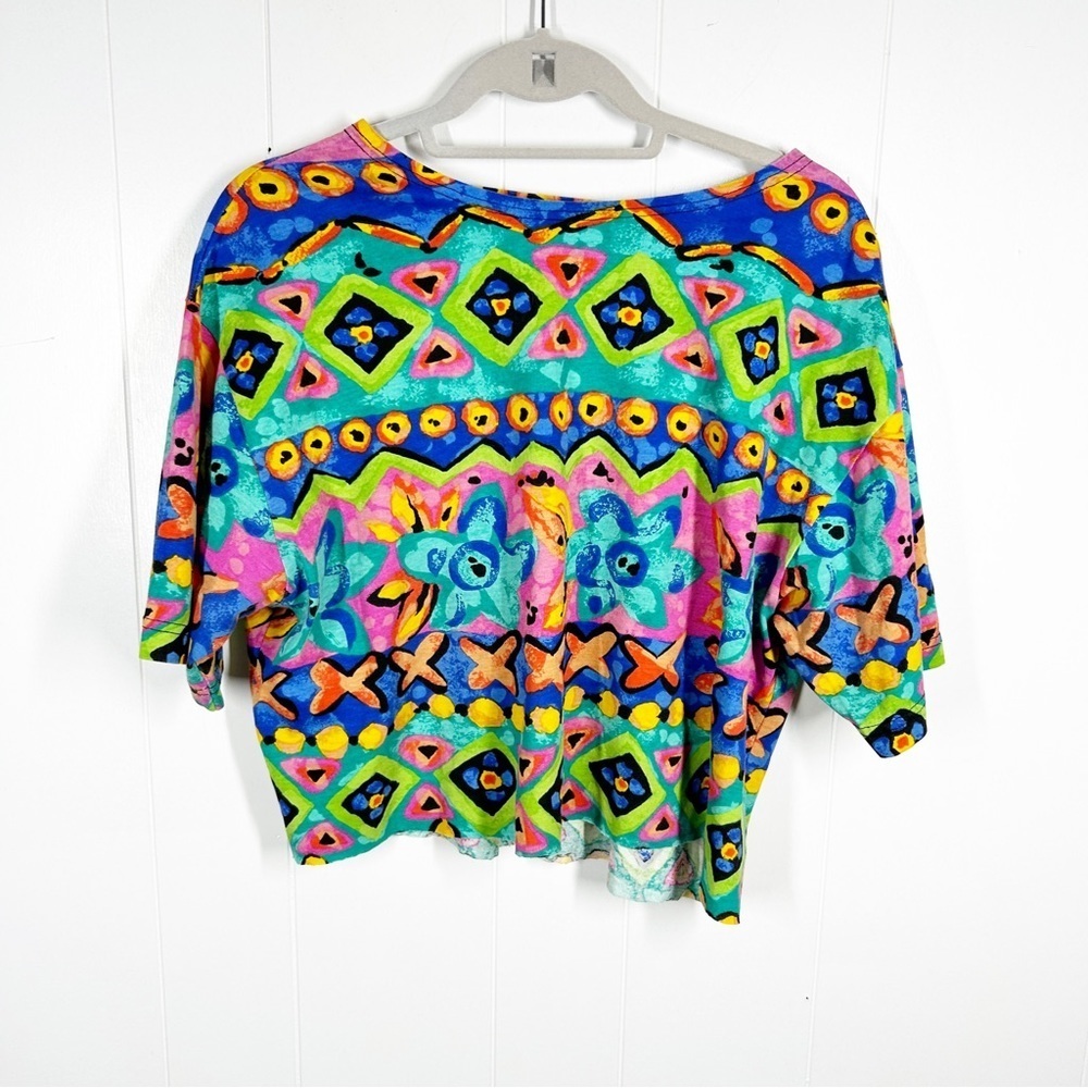 VINTAGE Miss Elaine Abstract Colored Short Sleeve Crop Top Extra Large